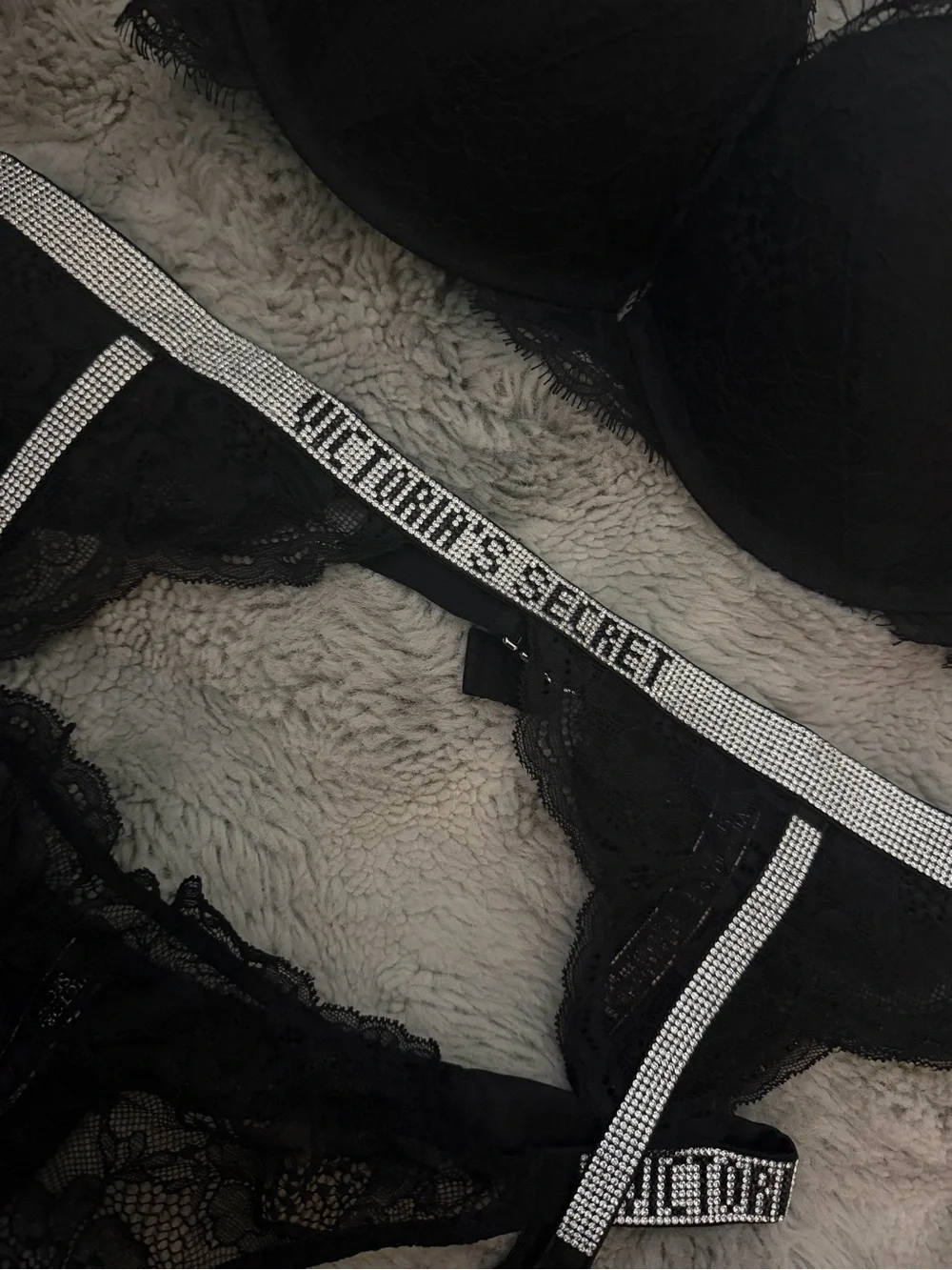 Victoria's Secret Black Lace Bra, Garter Belt & Thong Set